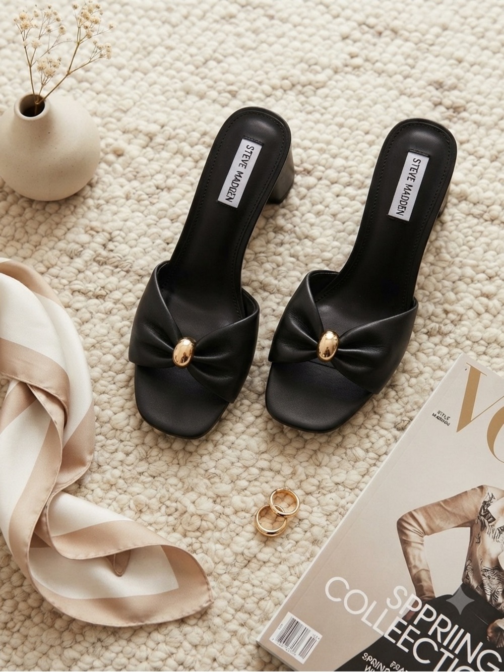 Steve Madden Black Open Toe Mule Block Heel Slip-On Gold Knot size 9 fits 8 NWOT